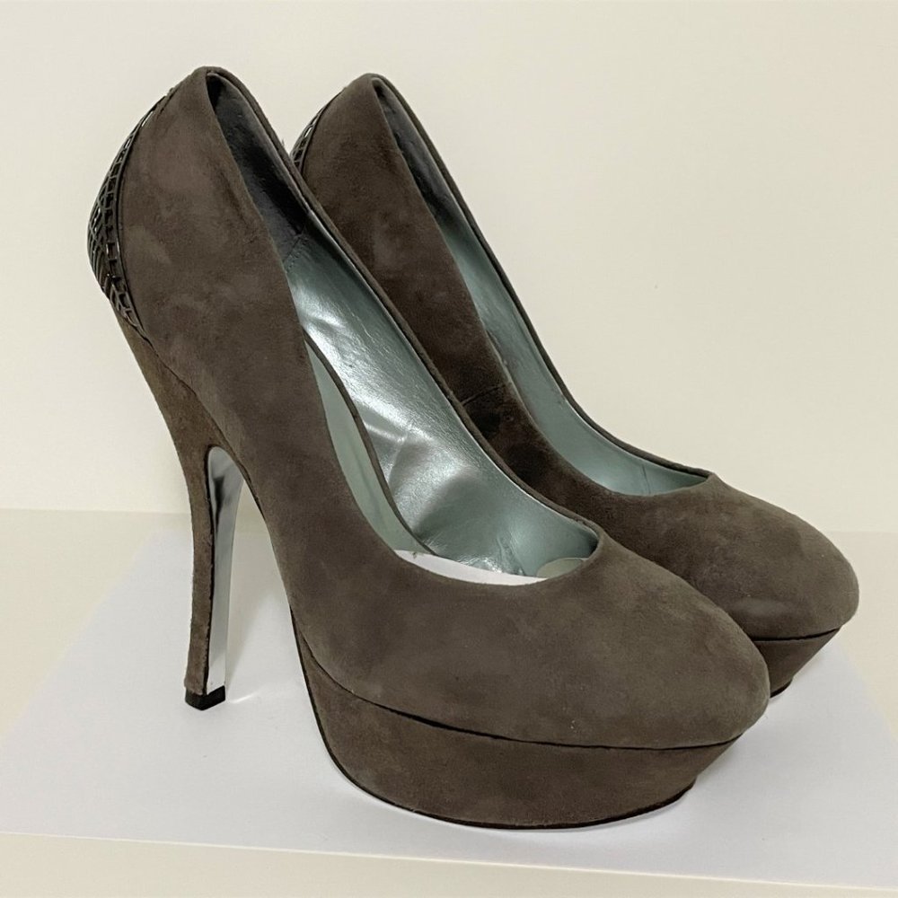 H By Halston Natalie Leather 5" Taupe Suede Stiletto Heel Shoes Women’s 8 Platfo